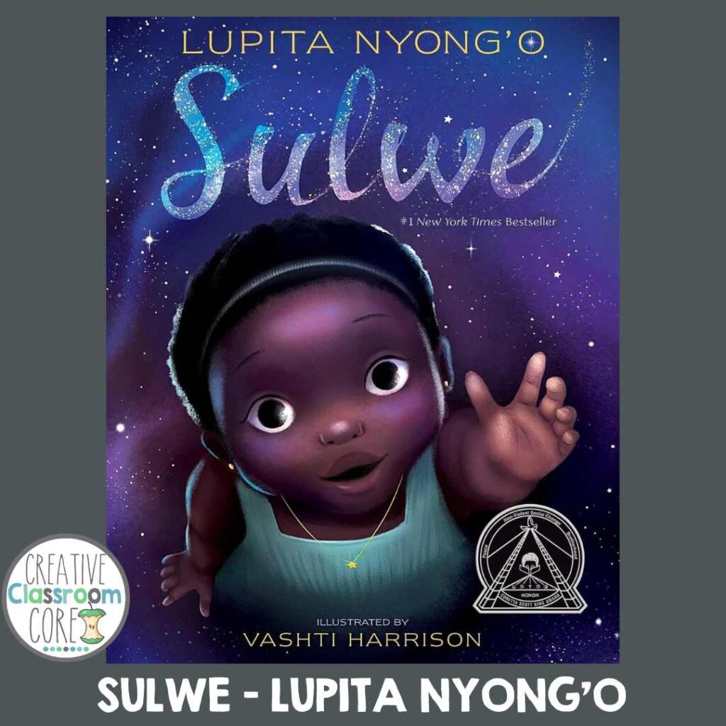 Cover of the picture book "Sulwe" by Lupita Nyong'o, illustrated by Vashti Harrison, featuring a child reaching towards the viewer against a starry background—a beautiful celebration perfect for Black History Month.