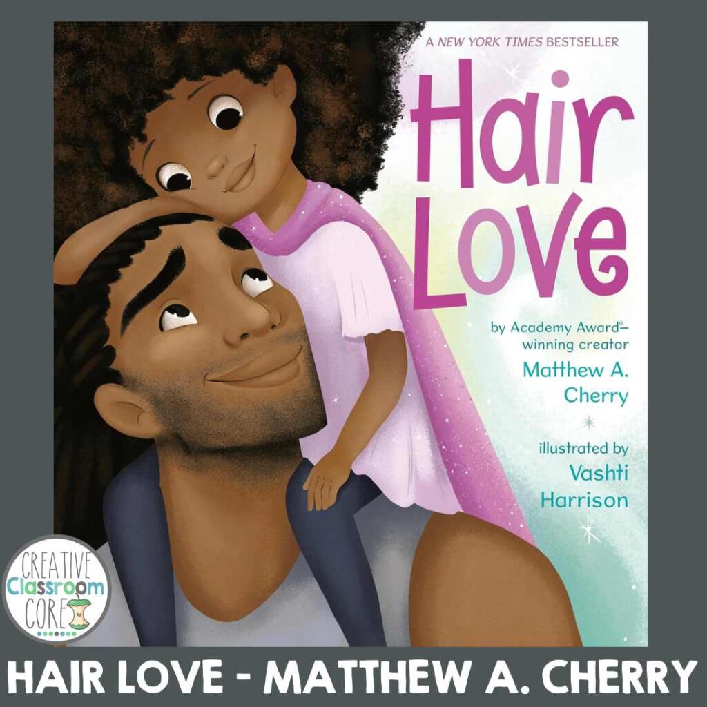 Cover of "Hair Love" by Matthew A. Cherry, a standout in picture books. Illustrated by Vashti Harrison, it shows a dad holding his daughter in a pink dress. The title is in purple text, celebrating Black History Month with its heartwarming depiction of love and heritage.