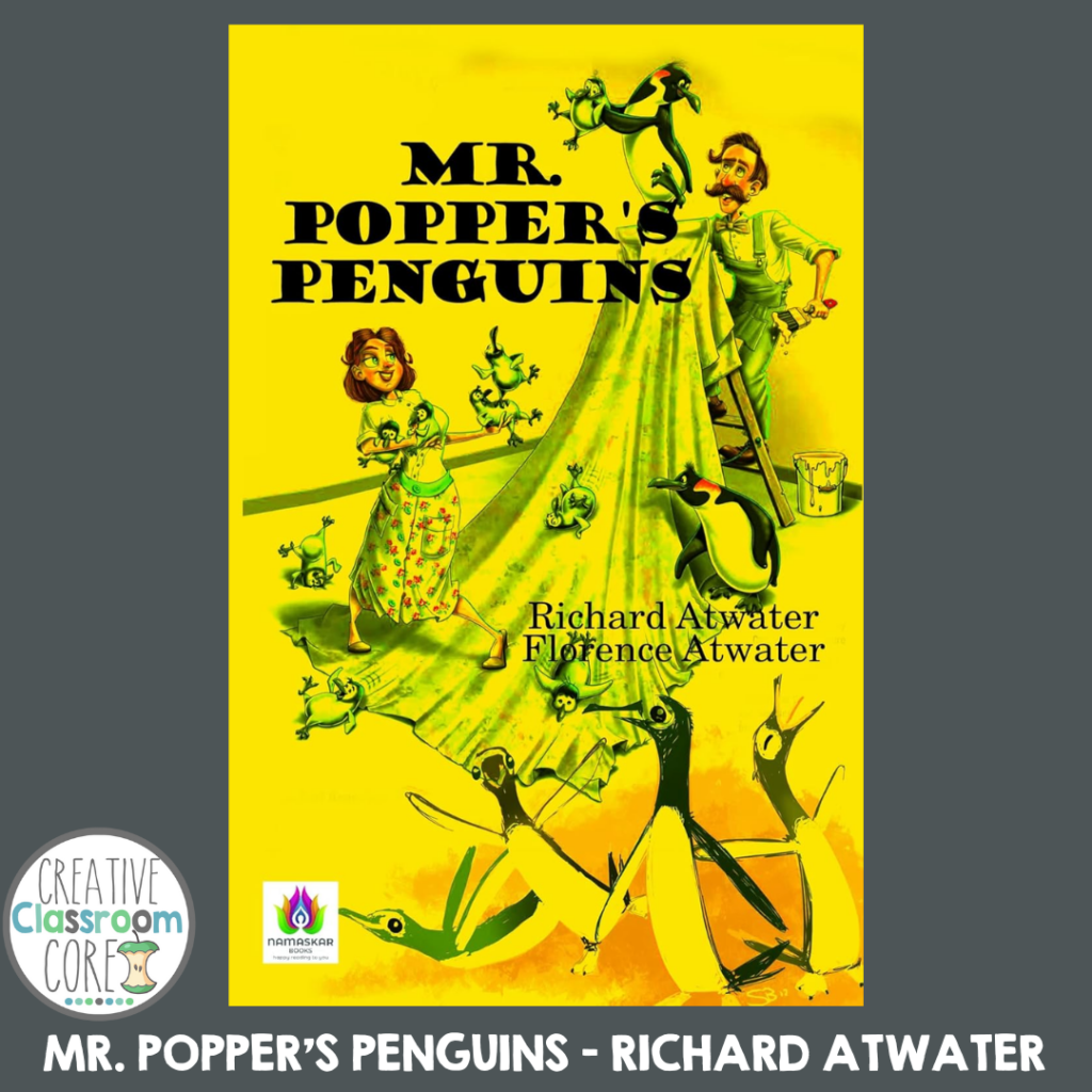 Book cover of "Mr. Popper's Penguins" by Richard and Florence Atwater, featuring a whimsical celebration with penguins, a man wielding a broom, and a woman clutching a paint can, perfect for National Penguin Day festivities.