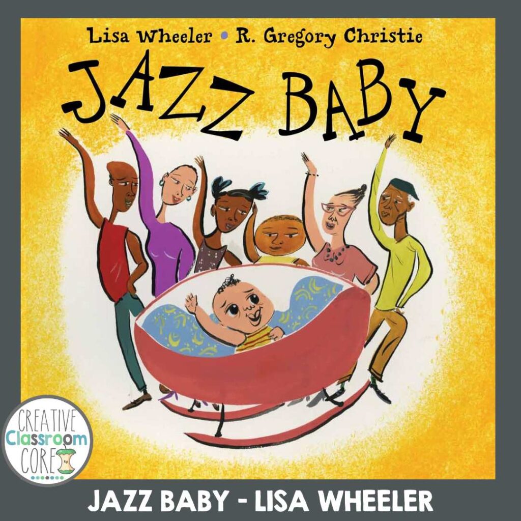 Cover of the book "Jazz Baby" by Lisa Wheeler, a delightful picture book ideal for Black History Month, featuring playful illustrations of a baby in a crib surrounded by dancing family members.