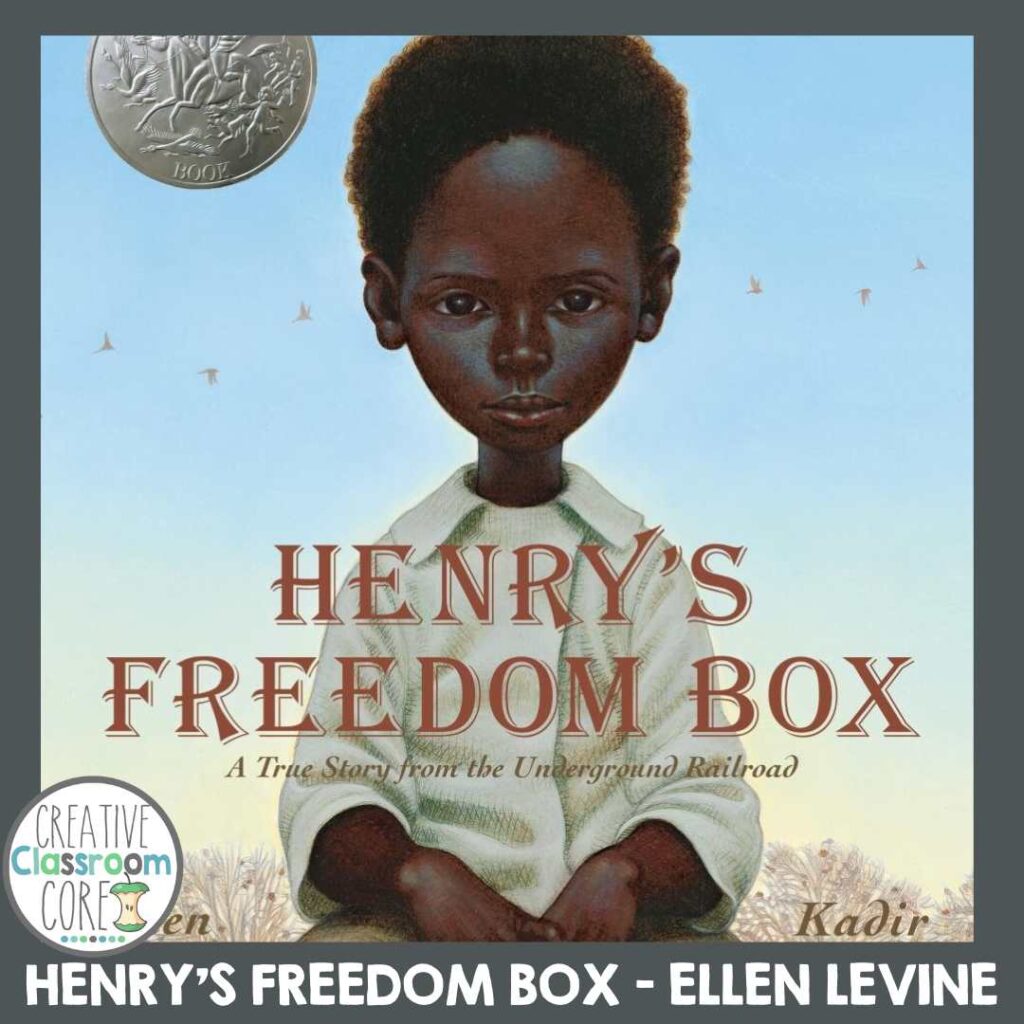 Cover of "Henry's Freedom Box" by Ellen Levine, a picture book ideal for Black History Month, featuring an illustration of a young boy with a serene expression against a sky and tree backdrop.