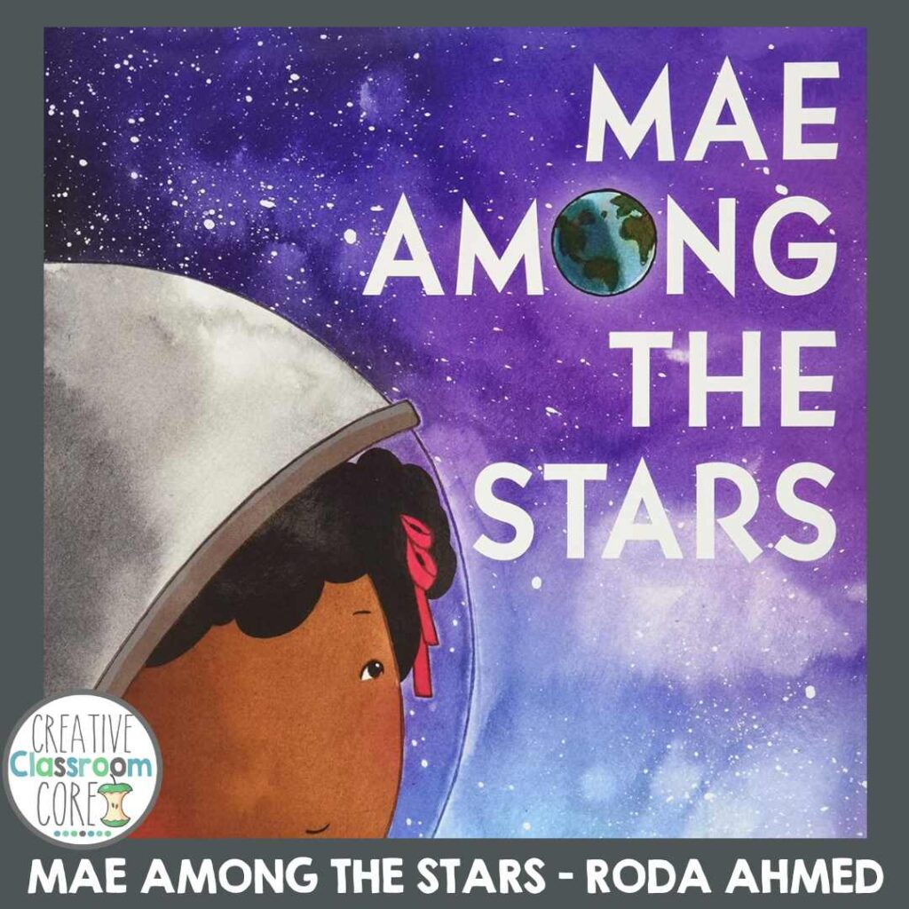 Illustrated book cover titled "Mae Among the Stars" by Roda Ahmed, a Picture Book featuring a young girl in a space helmet gazing into a starry sky—perfect for celebrating Black History Month.