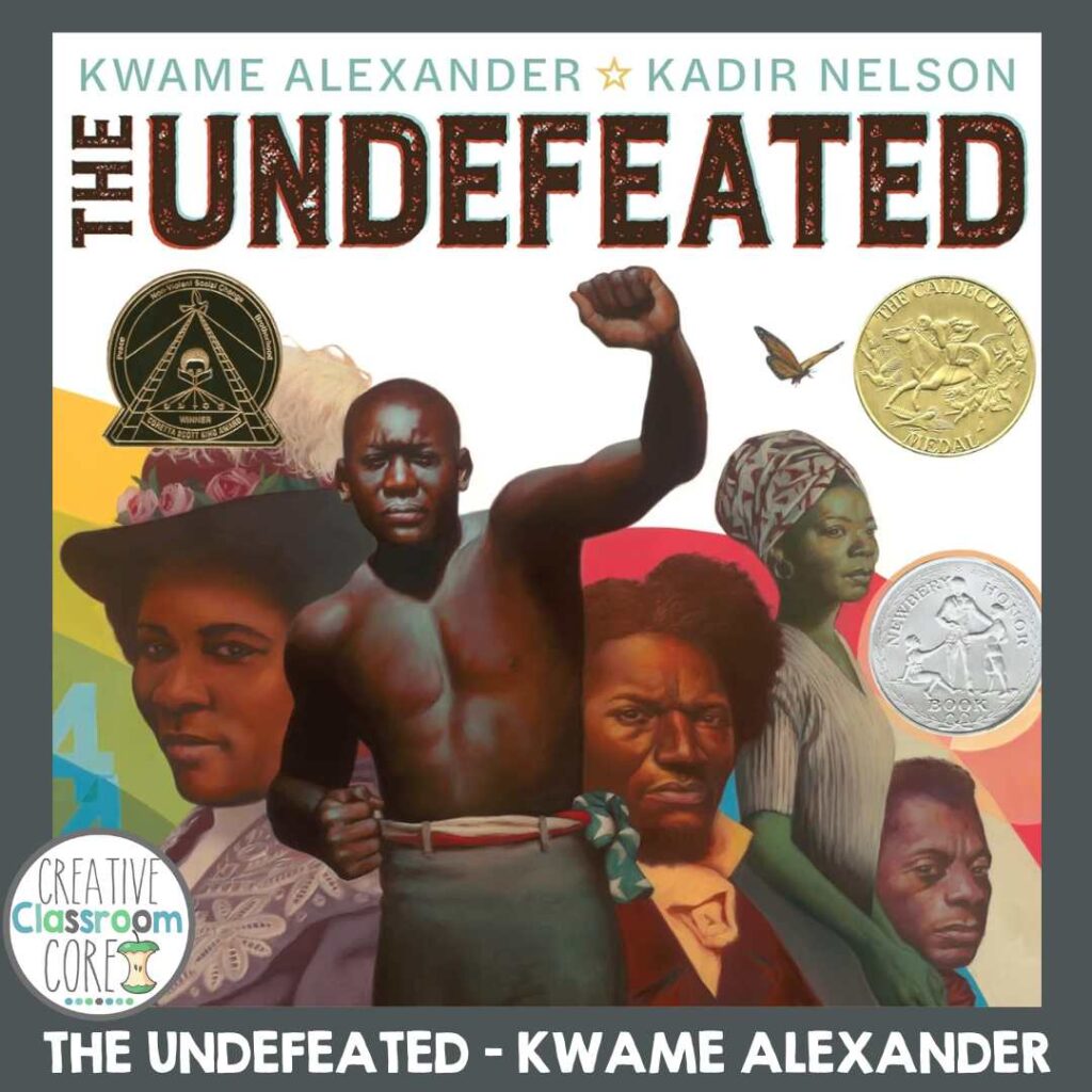 Book cover of "The Undefeated" by Kwame Alexander and Kadir Nelson, a captivating picture book featuring portraits of African American figures adorned with medals—a perfect read for Black History Month.