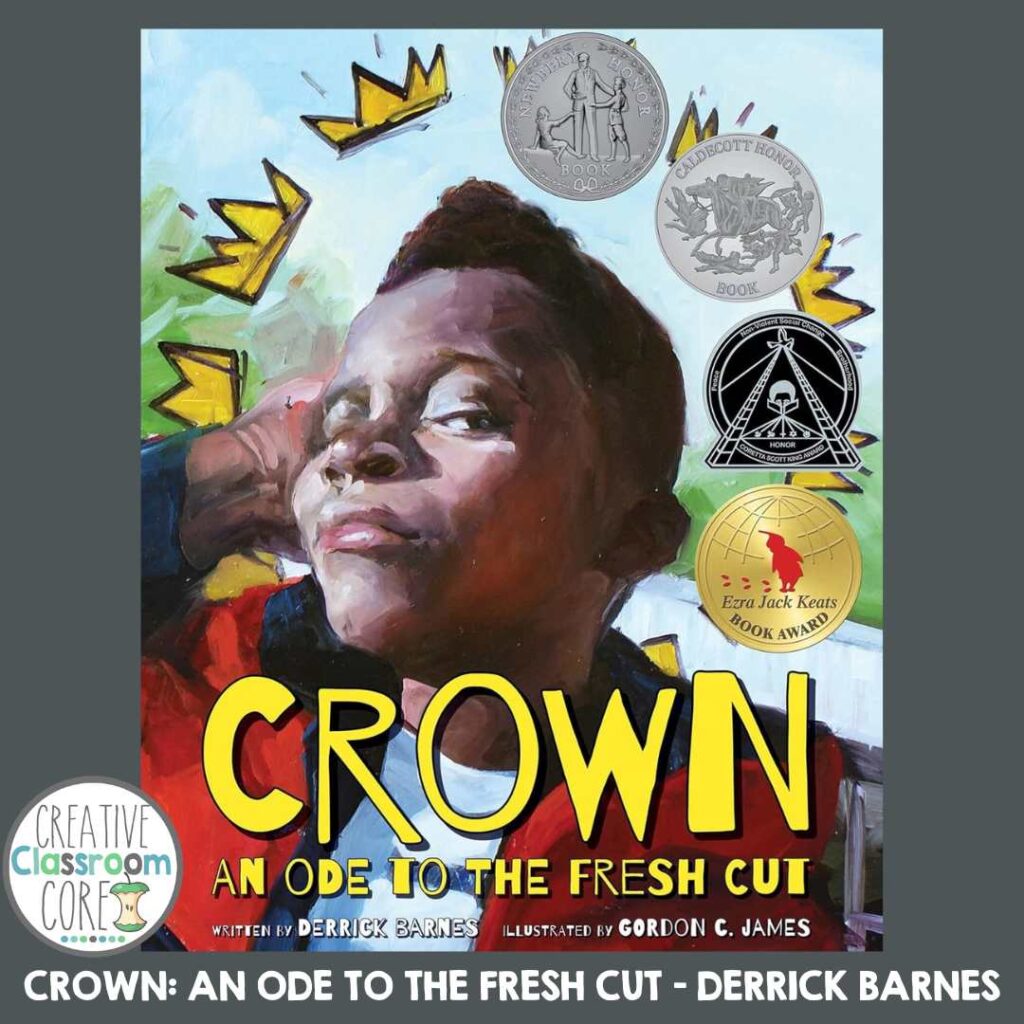 Book cover of "Crown: An Ode to the Fresh Cut" by Derrick Barnes, a masterpiece in picture books for Black History Month, illustrated with awards displayed on a portrait of a boy with a fresh haircut.