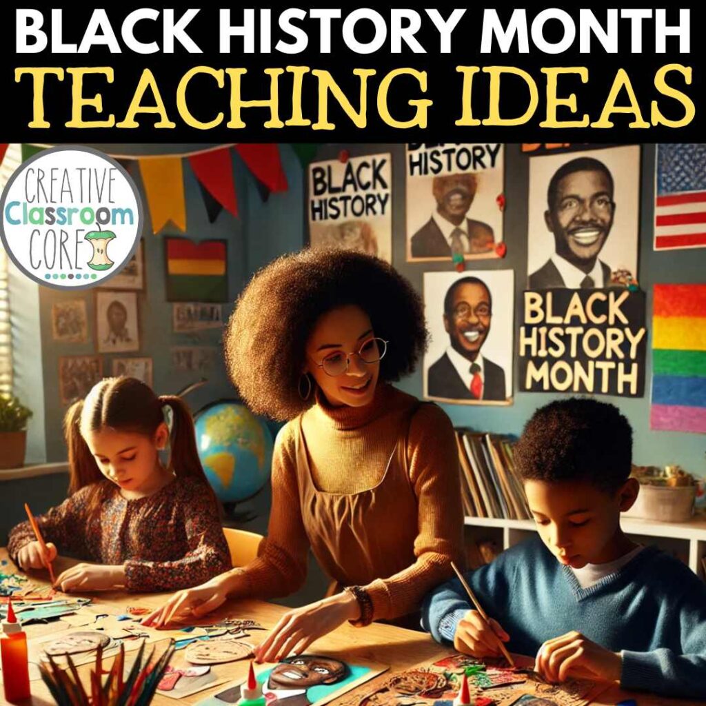 In a vibrant classroom, a teacher guides children in creating crafts for Black History Month, surrounded by educational posters and inspiring artwork on the walls.