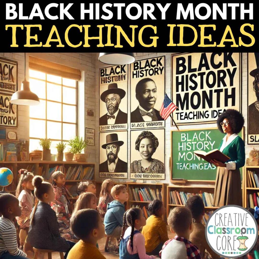 In a vibrant classroom adorned with historical posters, a teacher enthusiastically shares Black History Month teaching ideas with a group of eager children.