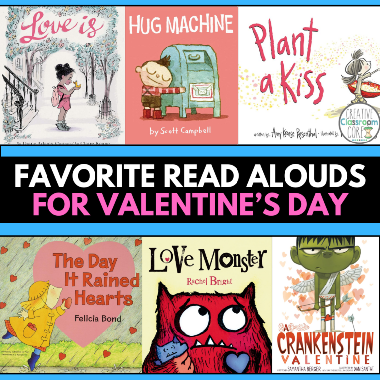 A collage of six delightful Valentine's Day children's book covers showcases titles like "Love is," "Hug Machine," and "Love Monster." Perfect for read-alouds, these Valentine's Day books capture the essence of love and friendship in a vibrant celebration.