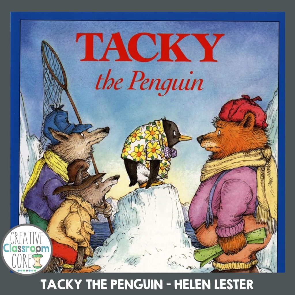 Celebrate National Penguin Day with this whimsical illustration of animals on ice. Featuring a penguin in a floral shirt, two wolves, a bear in a pink coat, and a walrus with a net. Text: "Tacky the Penguin - Helen Lester.