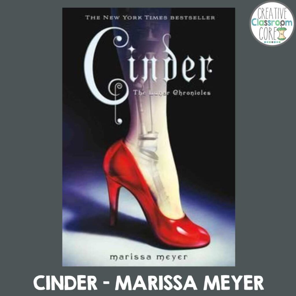 Book cover of "Cinder" by Marissa Meyer, whimsically themed for National Science Fiction Day, showcasing a red high heel that intriguingly reveals a mechanical leg inside.