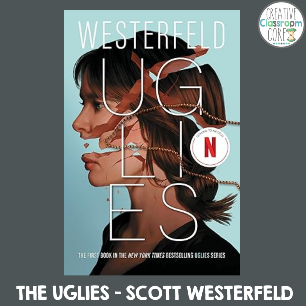 Book cover of "Uglies" by Scott Westerfeld commemorating National Science Fiction Day, featuring a split image of a girl's face with the title in large letters.