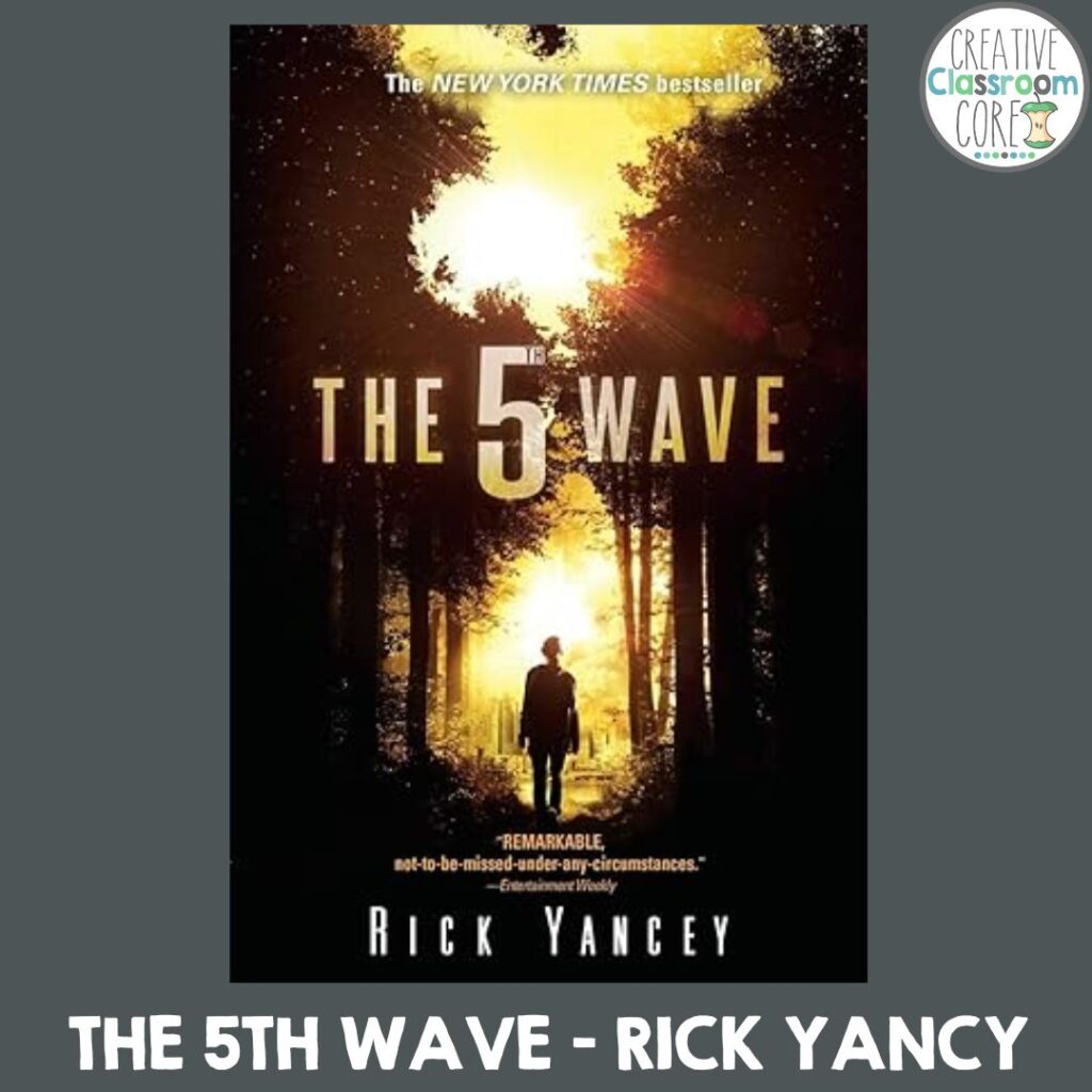 The cover of "The 5th Wave" by Rick Yancey features a silhouetted figure walking through a sunlit forest path, echoing the thrilling spirit celebrated on National Science Fiction Day. Text notes it as a New York Times bestseller.