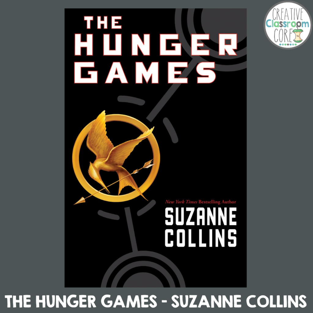 The cover of "The Hunger Games" by Suzanne Collins showcases a golden mockingjay pin against a black background with three circular designs, reminding fans of National Science Fiction Day and celebrating iconic stories in the genre.