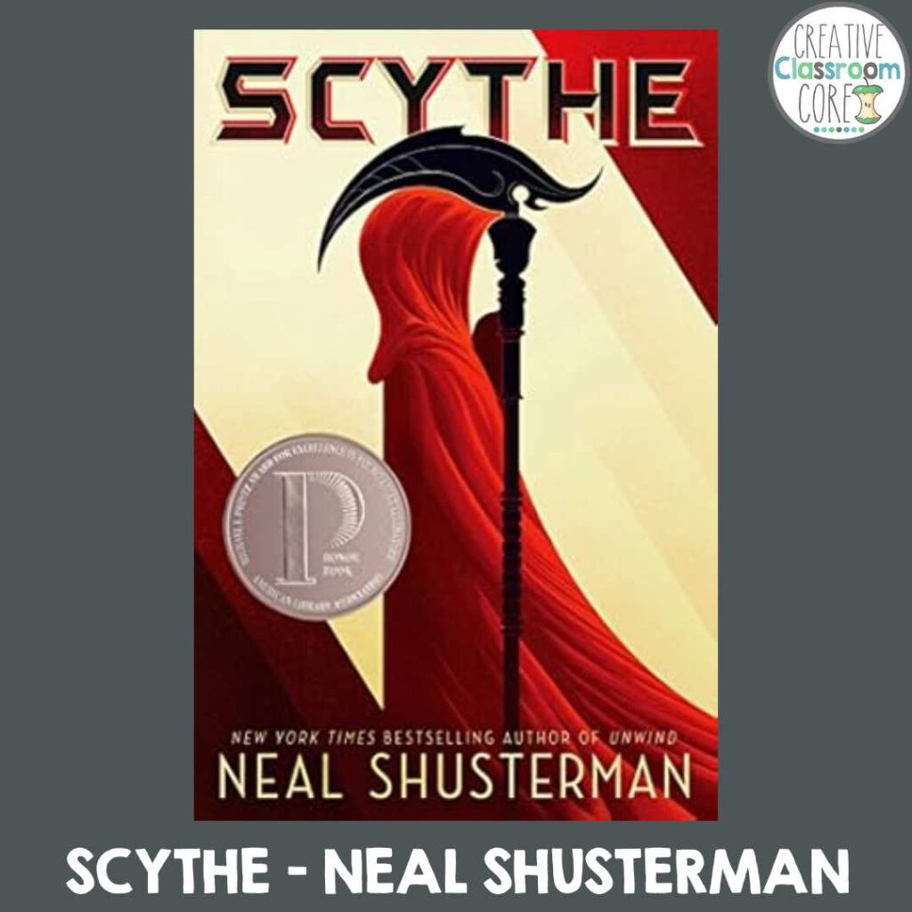 Book cover of "Scythe" by Neal Shusterman showcases a figure in a red cloak holding a scythe, with a silver award sticker on the left. Celebrate National Science Fiction Day with this gripping tale that reimagines life and death.