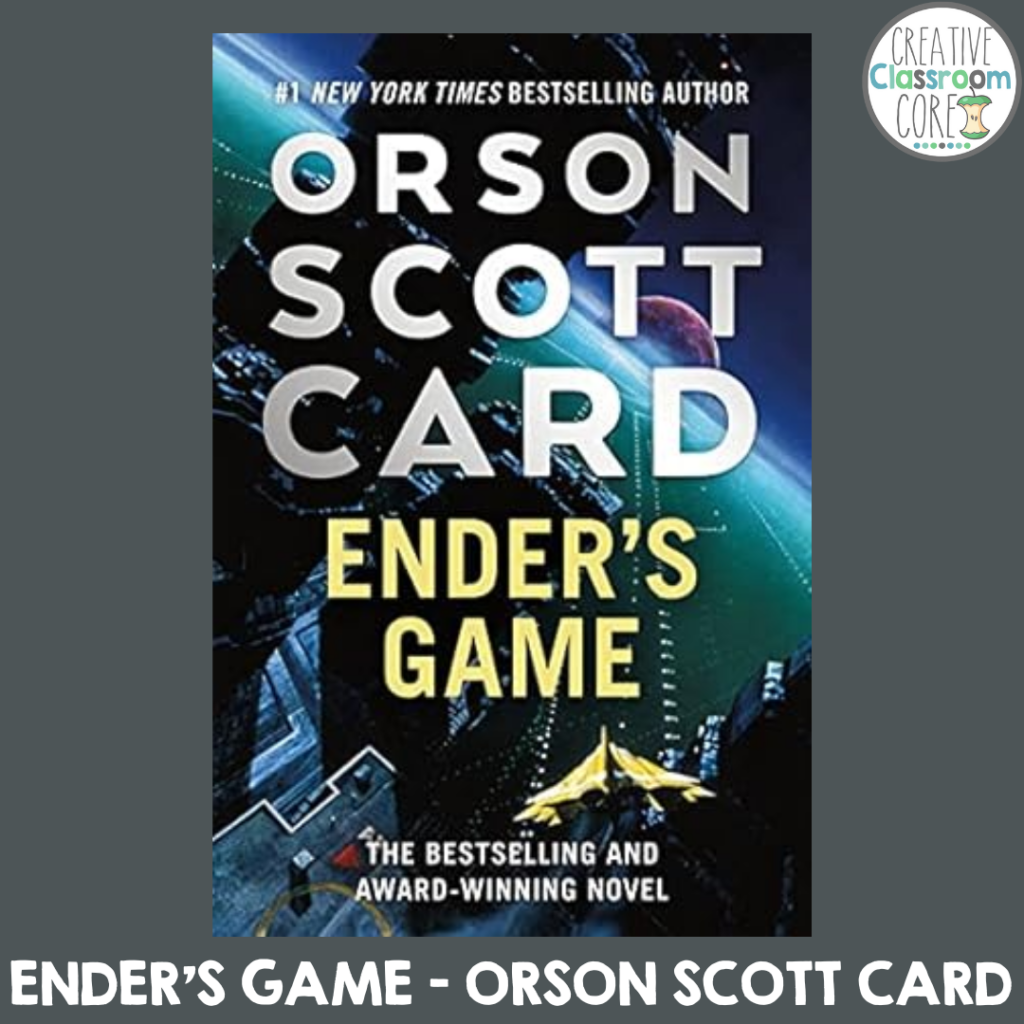 Cover of the book "Ender's Game" by Orson Scott Card, celebrating National Science Fiction Day with a futuristic space scene, showcasing a sleek spacecraft navigating through the cosmic expanse against a vibrant planetary background.