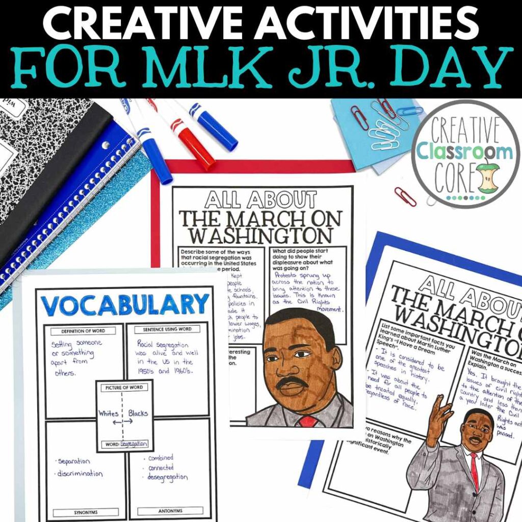 Teaching about Martin Luther King Jr., these educational worksheets feature vocabulary, historical facts, and illustrations, all organized in vibrant blue and red folders with matching markers.