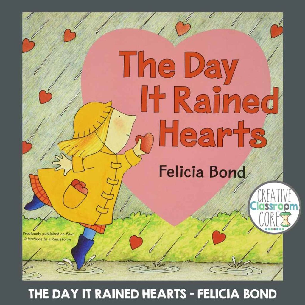 Illustration of a girl in a yellow raincoat catching red hearts falling from the sky, perfect for Valentine's Day. Accompanied by the text, "The Day It Rained Hearts" by Felicia Bond, this is an ideal piece for Read Alouds.