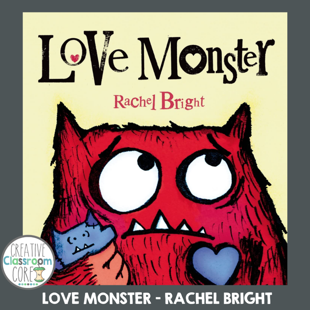 The cover of "Love Monster" by Rachel Bright, perfect for Read Alouds on Valentine's Day, features a charming red monster holding a blue heart against a cheerful yellow background.