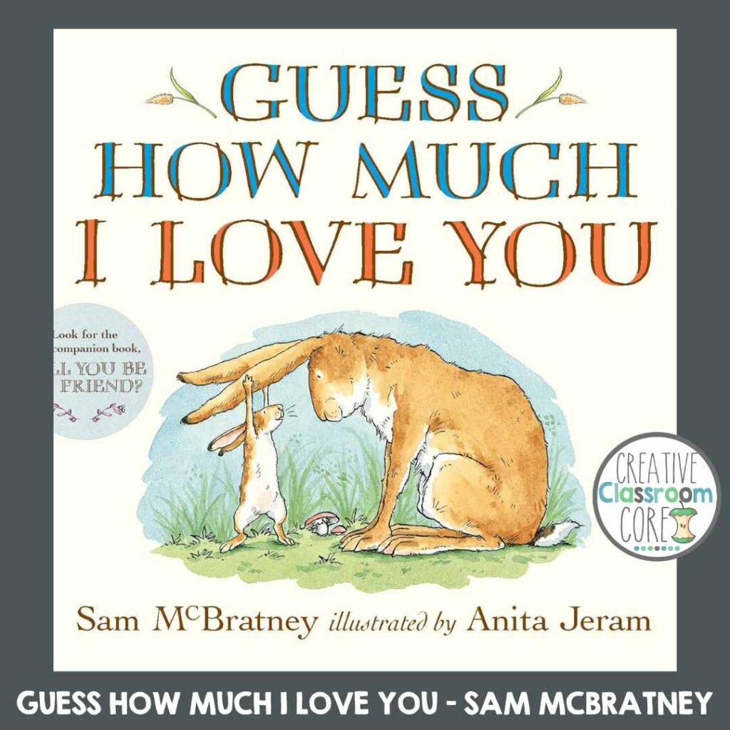 Cover of the book "Guess How Much I Love You" by Sam McBratney, illustrated by Anita Jeram, featuring two rabbits—a perfect read aloud for Valentine's Day.