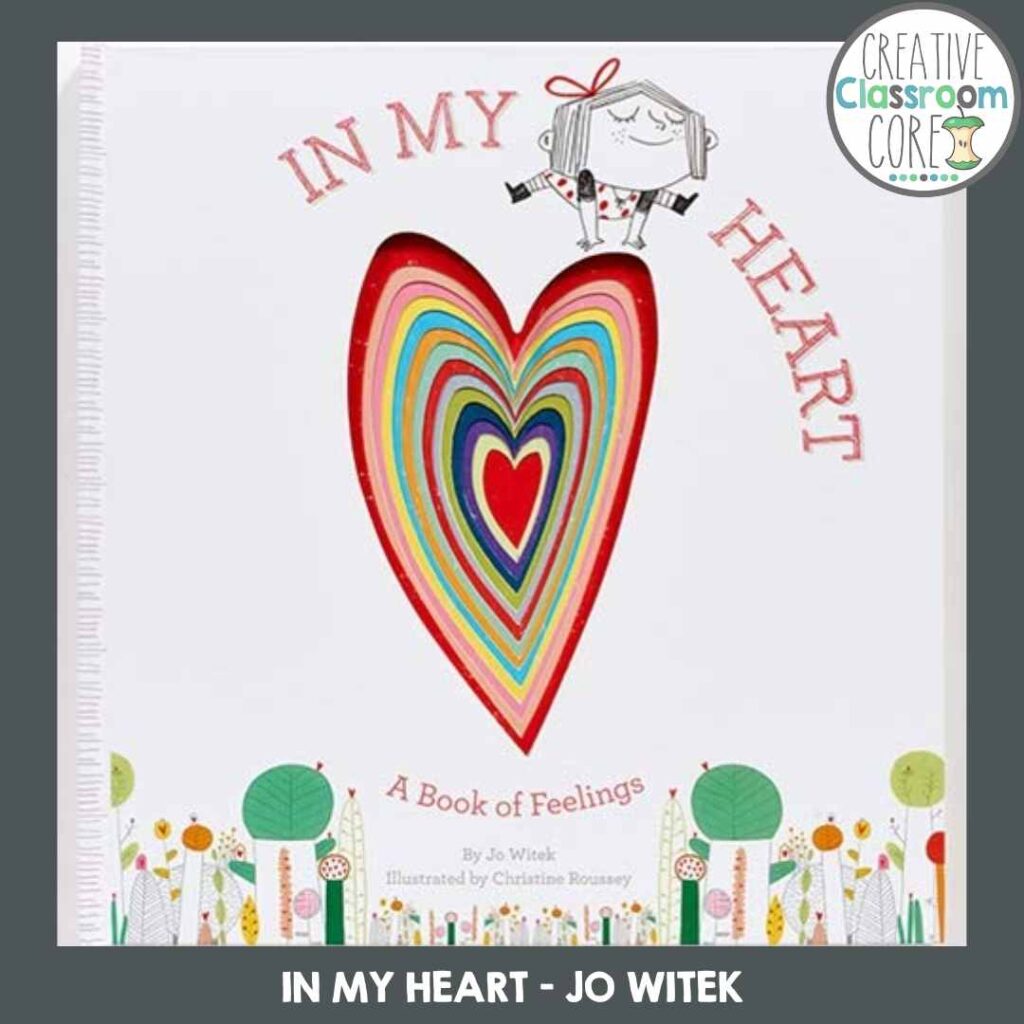 The cover of "In My Heart: A Book of Feelings" by Jo Witek features a colorful heart design and playful illustrations by Christine Roussey, perfect for Valentine's Day read alouds.