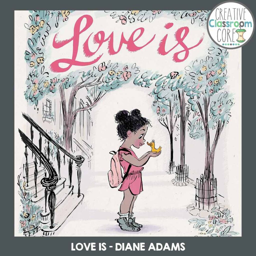 Illustration of a young girl with a backpack holding a duckling in a park, surrounded by trees and stairs. Text at the top reads "Love is," evoking the warmth of Valentine's Day whispers or cozy Read Alouds under starlit skies.