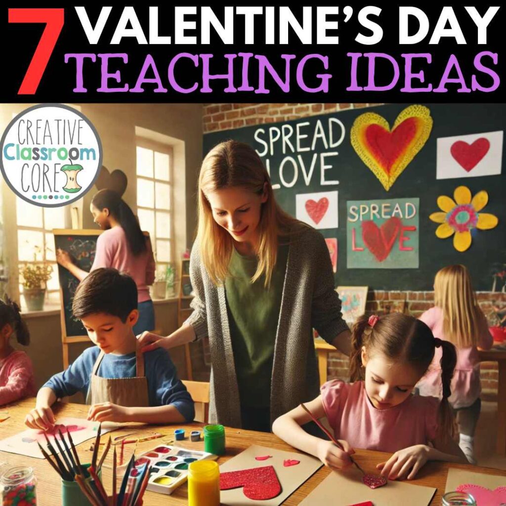 A teacher assists young students with Valentine's Day crafts in a classroom, filled with decorations and materials. Text reads "7 Creative Valentine's Day Teaching Ideas.