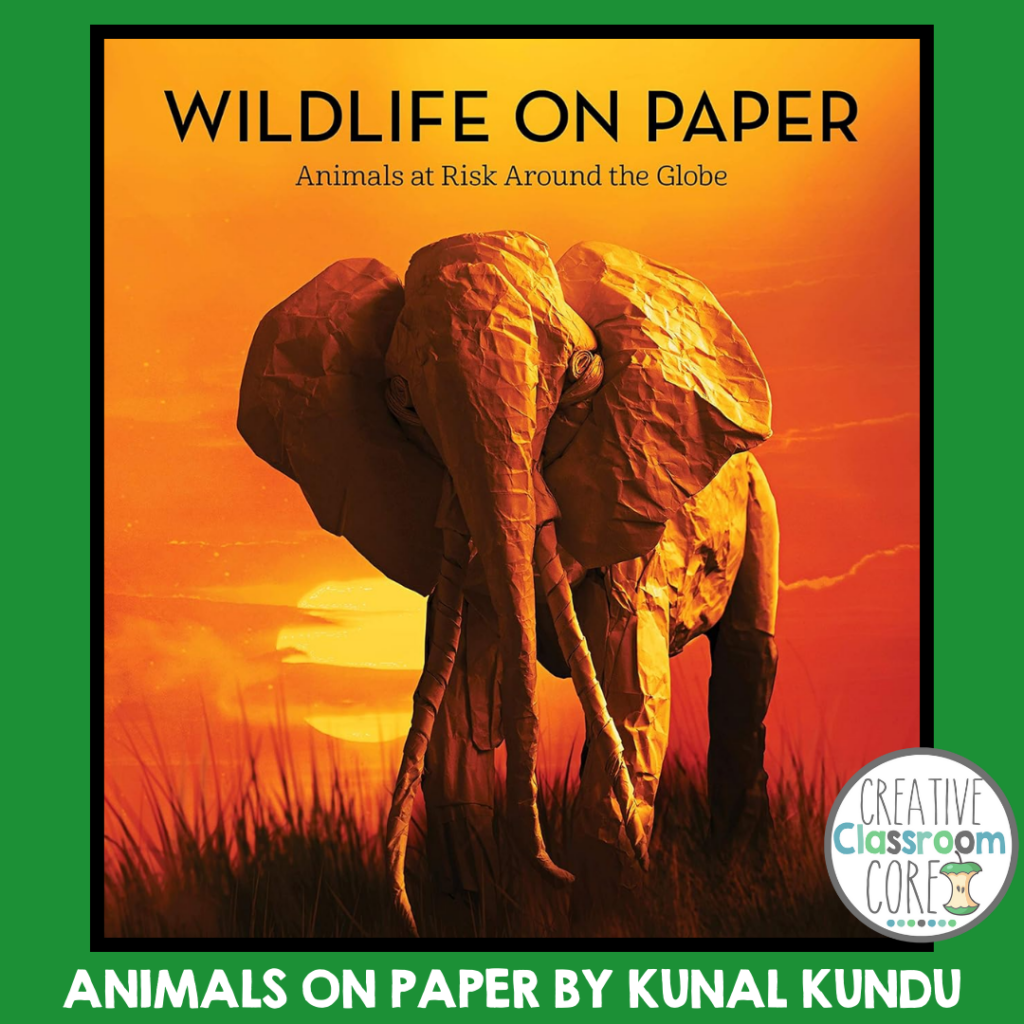 Cover of "Wildlife on Paper" by Kunal Kundu, featuring a paper sculpture of an elephant against a sunset backdrop—perfect for a World Wildlife Day celebration or as an educational piece in the classroom.