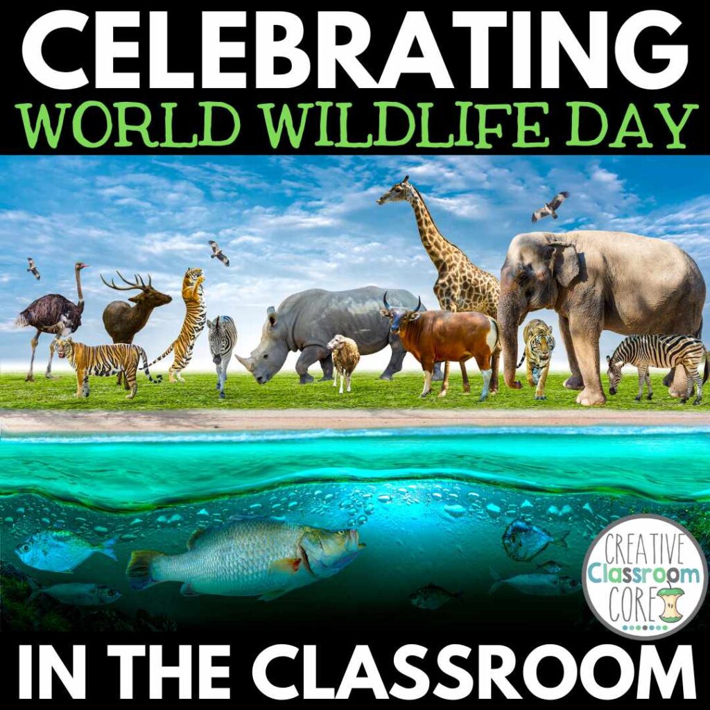 Illustration featuring diverse wildlife above water and a fish underwater, highlighting "World Wildlife Day Celebration in the Classroom.