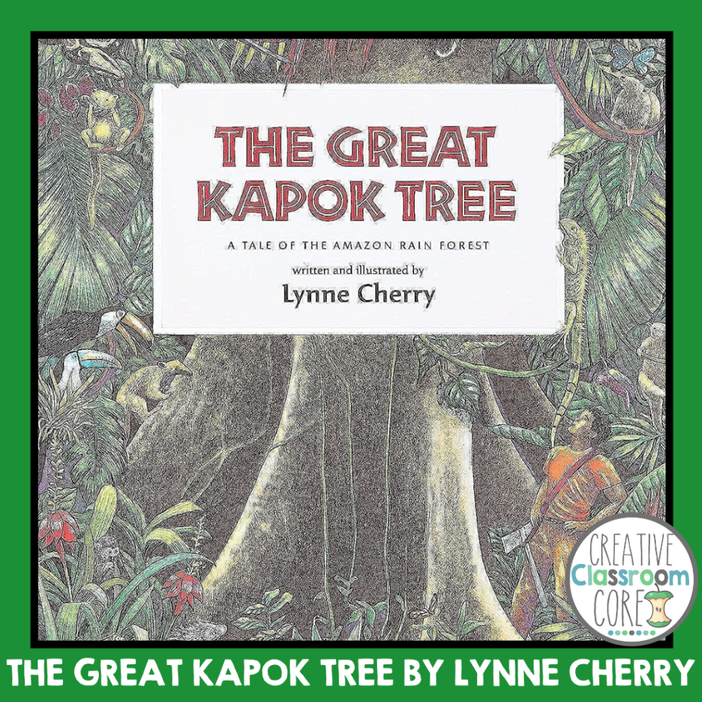 The cover of "The Great Kapok Tree" by Lynne Cherry showcases a majestic tree in the Amazon rainforest, surrounded by diverse wildlife. Perfect for classroom discussions, it vividly brings World Wildlife Day themes to life through its rich depiction of nature's interconnectedness.