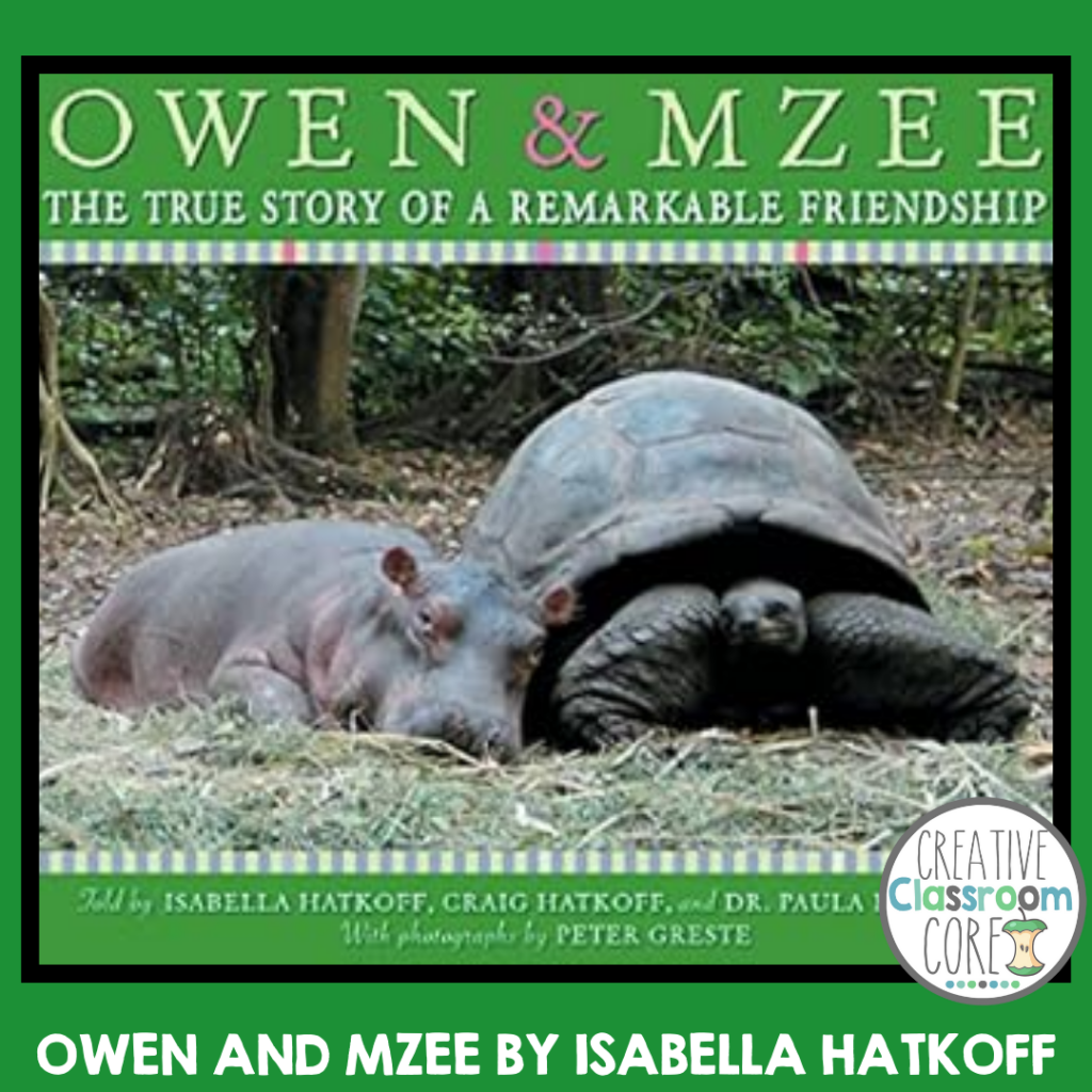 Celebrating a remarkable friendship, the book cover of "Owen & Mzee: The True Story of a Remarkable Friendship" depicts a hippo and tortoise lying beside each other, framed by green borders. Perfect for any classroom discussion about bonds in nature or World Wildlife Day.