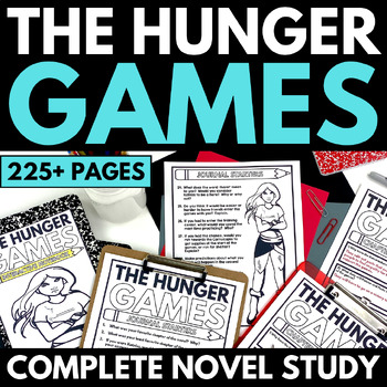 The image showcases a "The Hunger Games" complete novel study kit with over 225 pages. Perfect for National Science Fiction Day, it includes worksheets and activities, featuring illustrations and text from the study materials.