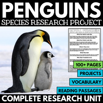 A penguin stands beside a chick on a snowy backdrop, perfectly capturing the essence of Penguin Day. This image promotes a species research project with over 100 pages, projects, vocabulary, and reading passages dedicated to understanding these fascinating creatures.