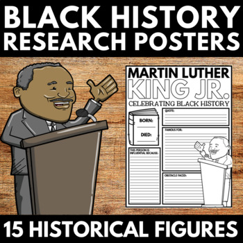 Illustrated poster featuring a cartoon of a man speaking at a podium, paired with a Martin Luther King Jr. research template. Perfect for Black History Month discussions, it highlights "15 Historical Figures" and offers inspiring teaching ideas to engage students effectively.