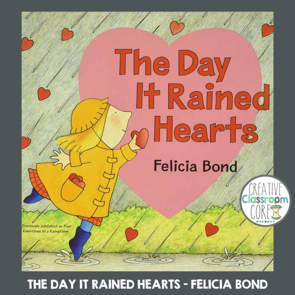 Book cover of "The Day It Rained Hearts" by Felicia Bond, perfect for Valentine's Day, featuring a child catching heart-shaped raindrops with an umbrella on a grassy backdrop. This charming image can inspire creative teaching ideas centered around love and kindness.