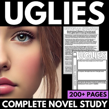 Close-up of a woman's face with text overlay advertising "Uglies" complete novel study materials, celebrating National Science Fiction Day. Explore dystopian themes with over 200 pages of content.