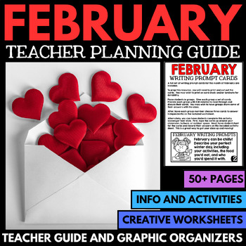 February teacher planning guide advertisement showcases an envelope adorned with red hearts, offering Valentine's Day-themed lesson plans, activities, and creative writing prompts packed with inspiring teaching ideas.