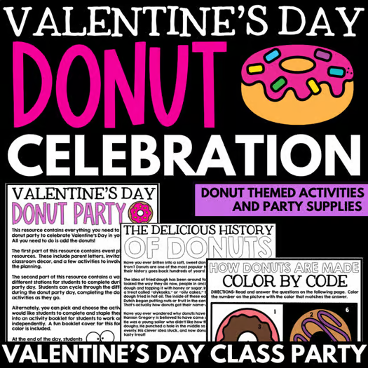 Valentine’s Day Donut Celebration flyer featuring donut graphics, themed activities, party supplies, and educational donut facts—perfect for class parties and packed with creative Valentine’s Day teaching ideas.