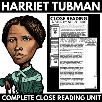 Illustration of Harriet Tubman next to a close reading guide titled "Harriet Tubman: A Step by Step Guide," with text sections and pencil graphic, perfect for Picture Books celebrating Black History Month.