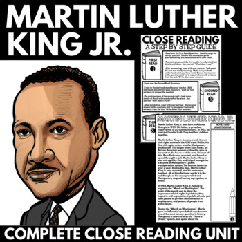 Illustration of Martin Luther King Jr. with text: "Complete Close Reading Unit" and a guide titled "Close Reading: A Step by Step Guide" on the right, perfect for Black History Month.