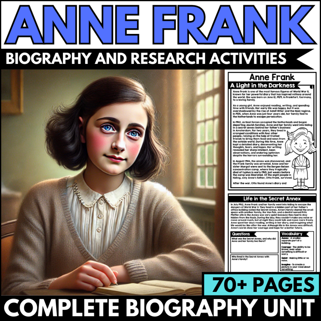 Illustrated cover image of an Anne Frank biography unit, featuring an illustration of Anne Frank and text highlighting 70+ pages of research activities, Diary excerpts, and innovative teaching ideas for a complete biography unit.