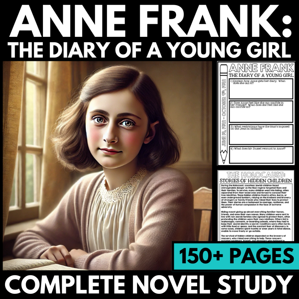 Cover of "Anne Frank: The Diary of a Young Girl" with a painted portrait of the young author. Text highlights over 150 pages packed with novel study guides and innovative teaching ideas.