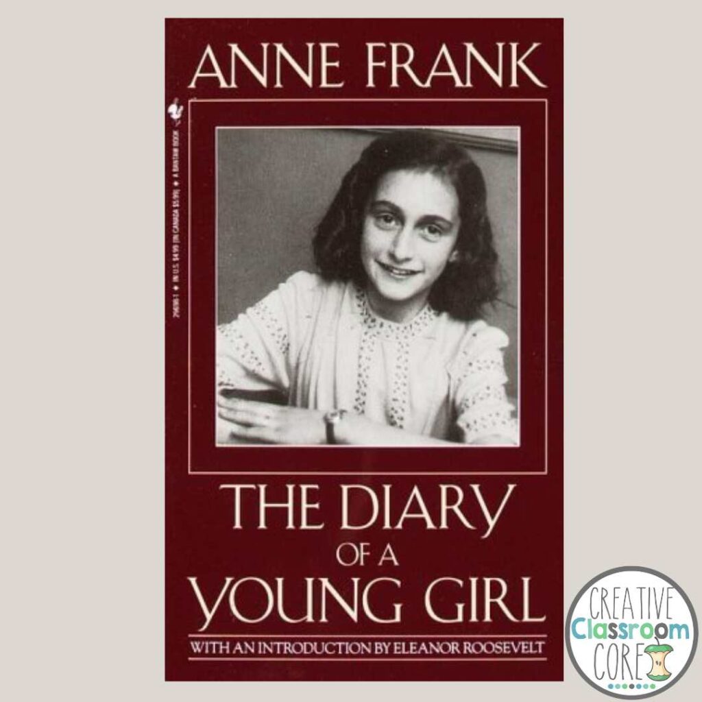 Book cover of "The Diary of a Young Girl" by Anne Frank, featuring a black and white photo of a smiling young girl, with an introduction by Eleanor Roosevelt. This edition serves as an inspiring resource for teaching ideas about resilience and hope.