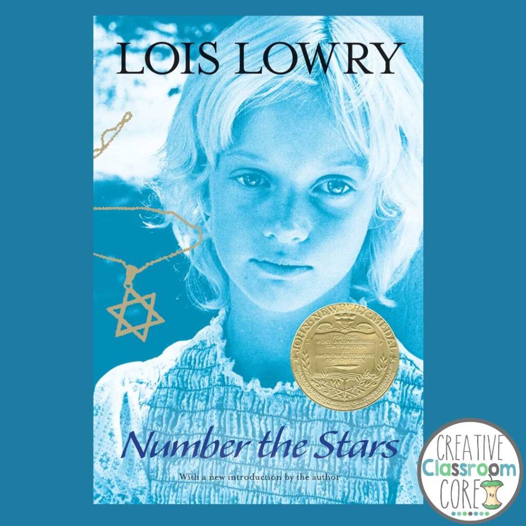 Cover of "Number the Stars" by Lois Lowry featuring a young girl with a solemn expression, a necklace with a Star of David, and a Newbery Medal, reminiscent of themes from "The Diary of Anne Frank.