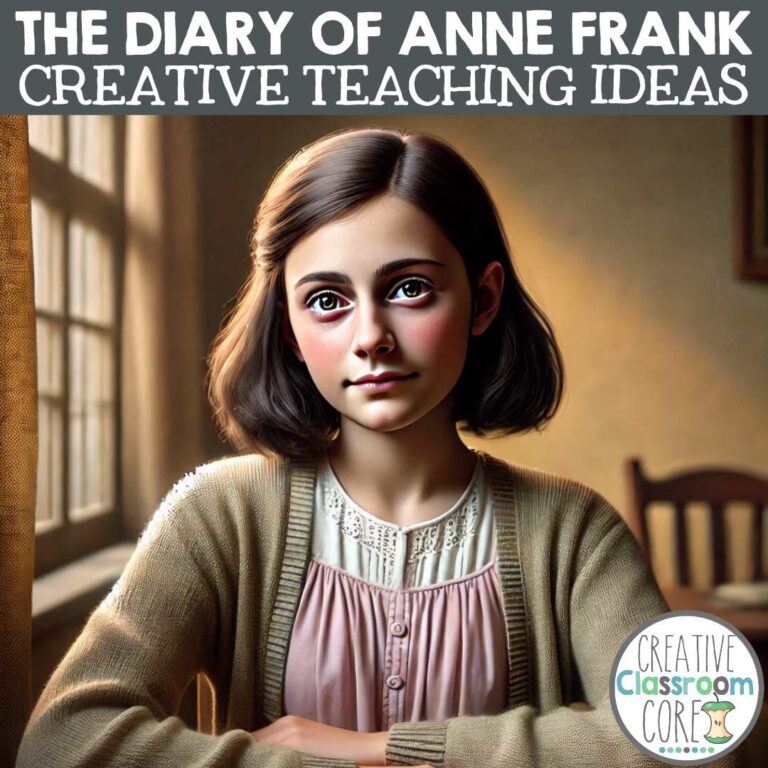 Illustration of a young girl with bobbed hair wearing a cardigan, sitting at a table. Above her is the text: "Creative Teaching Ideas from the Diary of Anne Frank." A logo sits in the bottom corner.