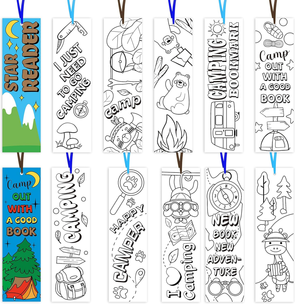 A collection of 12 creative camping-themed bookmarks, perfect for rewarding young adventurers in the classroom. Featuring designs for coloring alongside printed illustrations with text like "Star Reader" and "Camp with a Good Book," these bookmarks inspire imagination and learning.