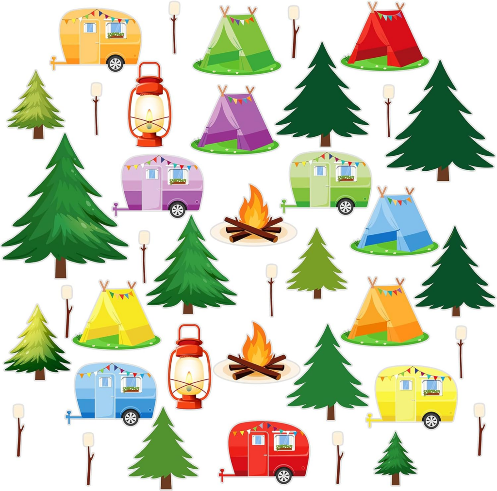 A creative pattern of colorful campers, tents, evergreen trees, campfires, lanterns, and marshmallows on sticks is set against a white background—perfect for classroom decor or as reward ideas for imaginative students.