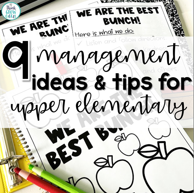 Sheets with "We Are the Best Bunch" title, apple illustrations, and "9 management ideas & tips for upper elementary" text overlay. Colorful pencils lie nearby. Discover creative classroom reward ideas that inspire and motivate students, making learning a vibrant experience.