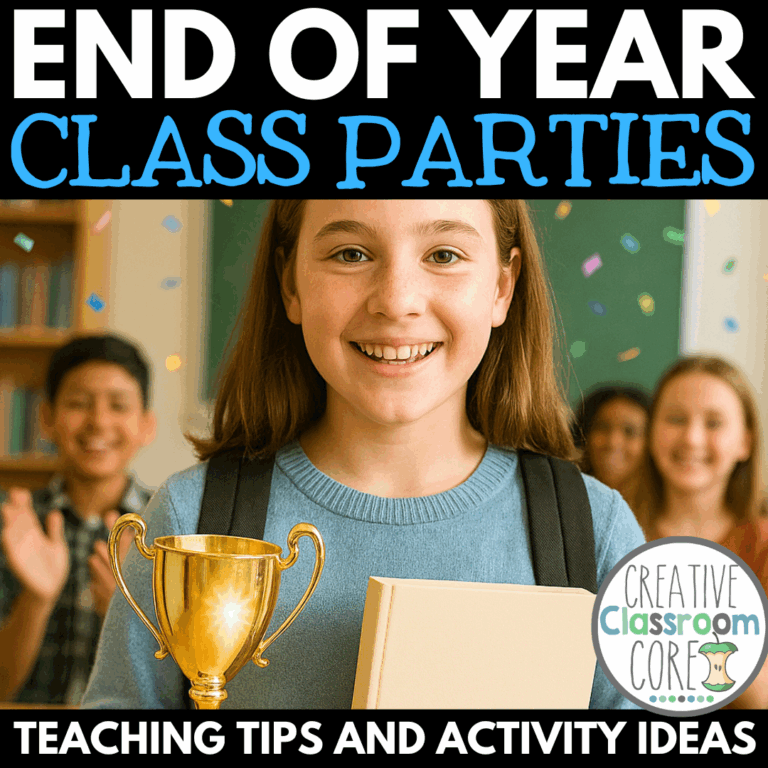 Smiling student holding a trophy and a book stands in a classroom, with classmates and confetti in the background. Text reads: "End of the Year Class Parties – Teaching Tips and Activity Ideas.