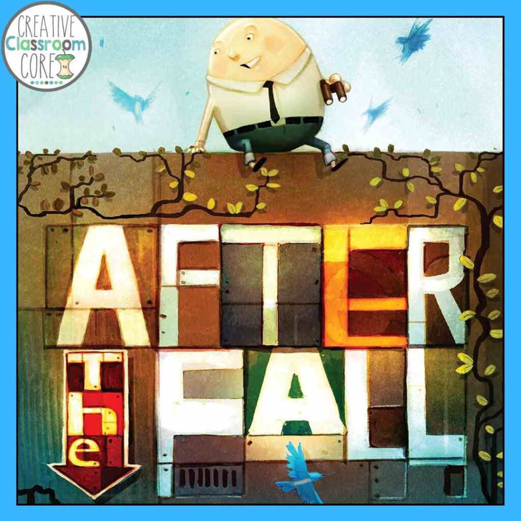 An illustrated character sits on a wall above large block letters spelling "AFTER THE FALL," surrounded by birds and vines—perfect for picture books about resilience as kids head back to school.