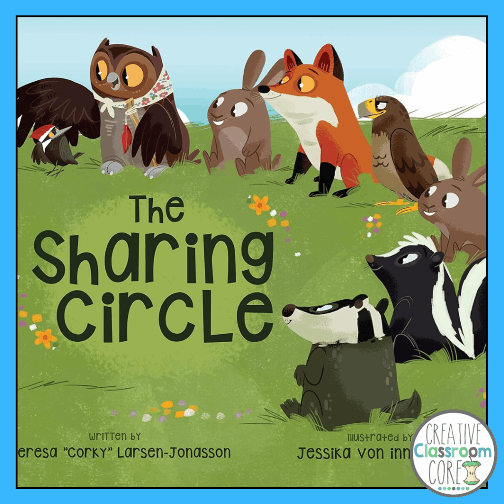 Illustration of various woodland animals, including an owl, rabbits, fox, eagle, and badger, sitting together in a circle on grass. Perfect for Back to School picture books. Text reads "The Sharing Circle.