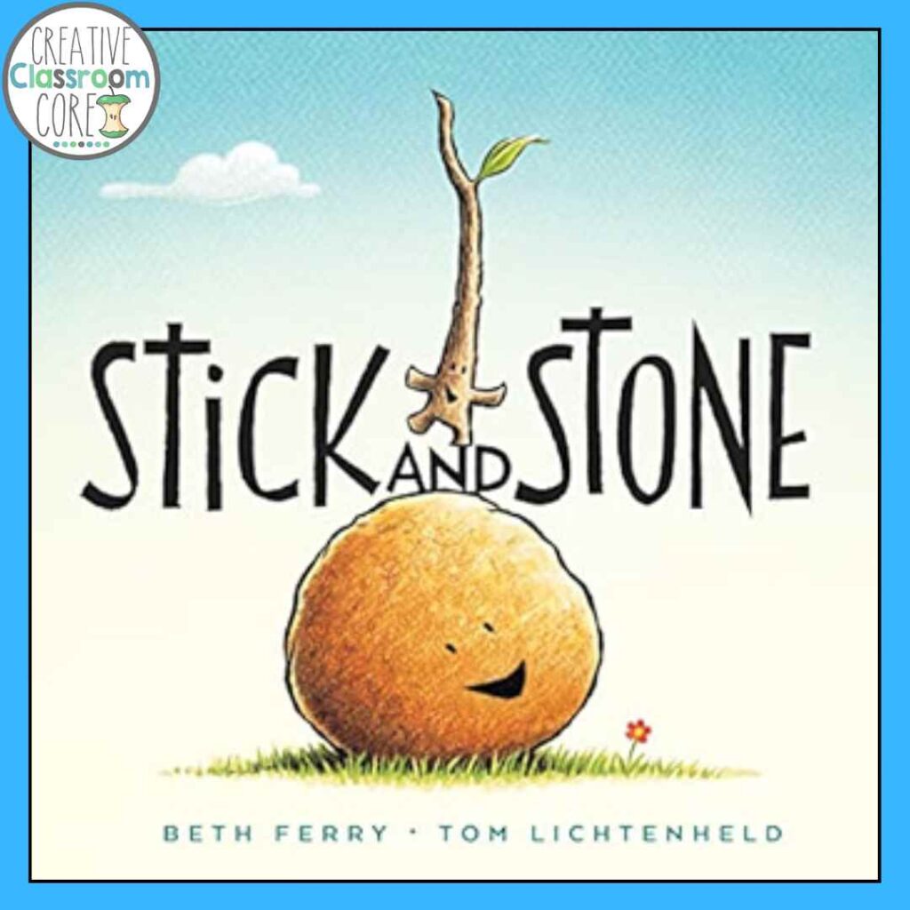 Cover of the book "Stick and Stone" by Beth Ferry and Tom Lichtenheld, featuring a smiling stick and stone on grass with a small flower—a heartwarming picture book perfect for back to school.